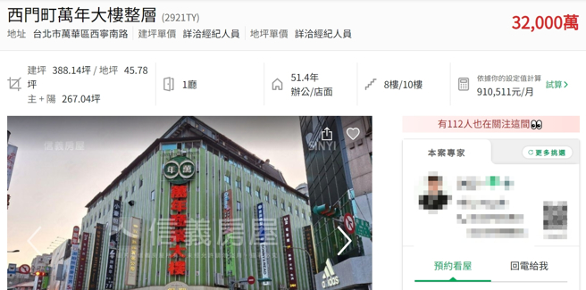 售屋網站顯示，萬年大樓8樓銷售中，開價3.2億。（翻攝售屋平台）