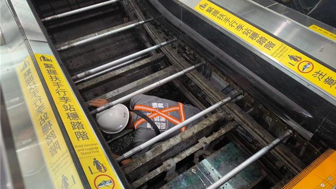 高铁嘉义站手扶梯下方传出有小猫出没，出动厂商和嘉义县家畜疾病防治所动物管制队「拆梯救猫」。(嘉义县家畜疾病防治所提供／吕妍庭嘉义传真)