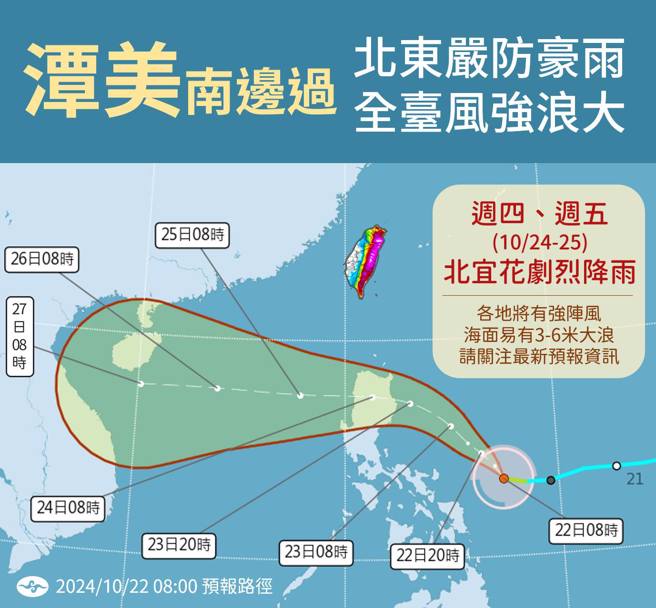 周四、周五台灣受颱風及東北季風影響最劇烈，北部、東半部有豪雨甚至大豪雨發生。（翻攝自氣象署）