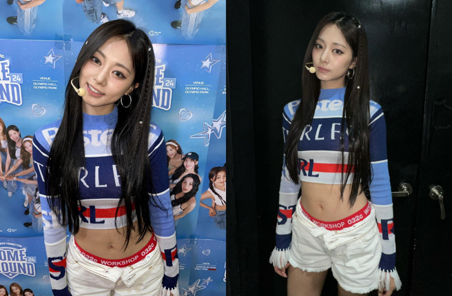 周子瑜下身鈕扣解放掀粉暴動。（圖／IG@thinkaboutzu）