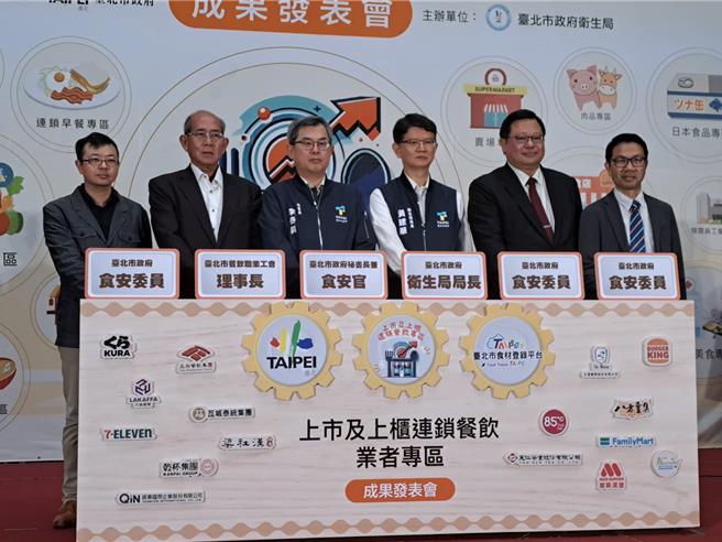 台北市衛生局23日於市府大樓舉行台北市食材登錄平台「上市及上櫃連鎖餐飲專區」成果發表會，與會參與台北市祕書長兼食安官李泰興（左3）、衛生局長黃建華（左4）。（温予菱攝）