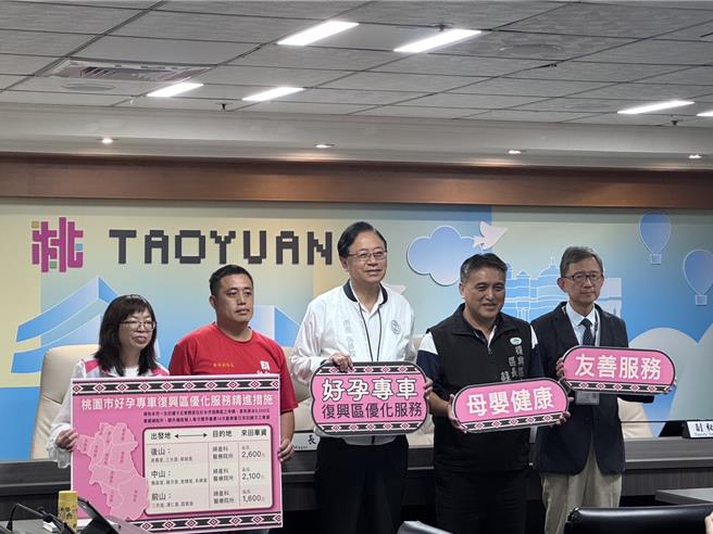 桃園市長張善政（中）23日上午親自頒贈「一生好運卡」第一萬名持卡孕婦禮品，並宣布偏鄉地區加碼福利。（姜霏攝）