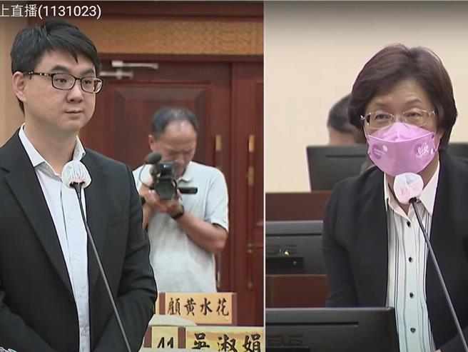 彰化县议员吴韦达（左）期盼经费花在刀口上，彰化县长王惠美（右）强调2025台湾设计展经费有用于场馆兴建及硬体改建等。（翻摄彰化县议会直播／孙英哲彰化传真）