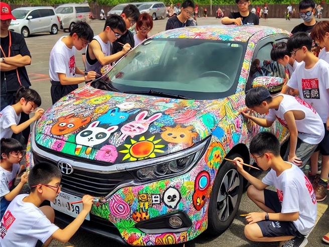 潮州大潮祭让小朋友「画车子」。（潮州镇公所提供／罗琦文屏东传真）