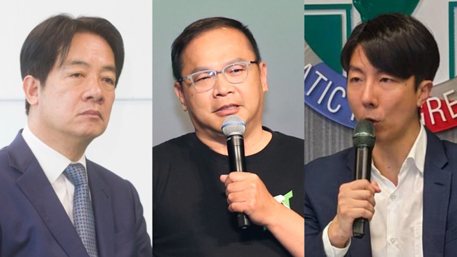 民进党政策会执行长王义川（中）、发言人吴峥（右）今接受专访；两人自爆，最近有人打电话去中央党部爆料，两人在节目都在玩、吃东西；两人虽在节目主动爆料这件事，看似轻松，其实把党主席赖清德（左）惹「毛」了。（中时资料照合成）