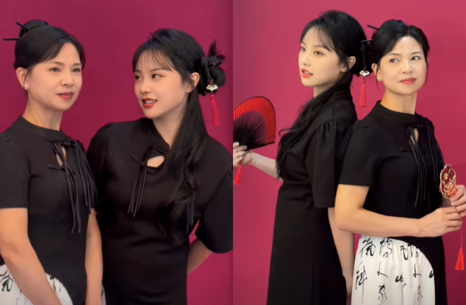 挖呀挖老师同框51岁妈妈拍写真。（图／抖音 教音乐的花开富贵）