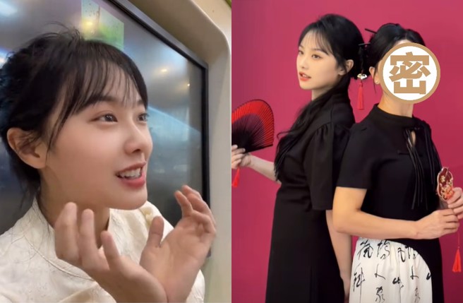 挖呀挖老师同框51岁妈妈拍写真。（图／抖音 教音乐的花开富贵）