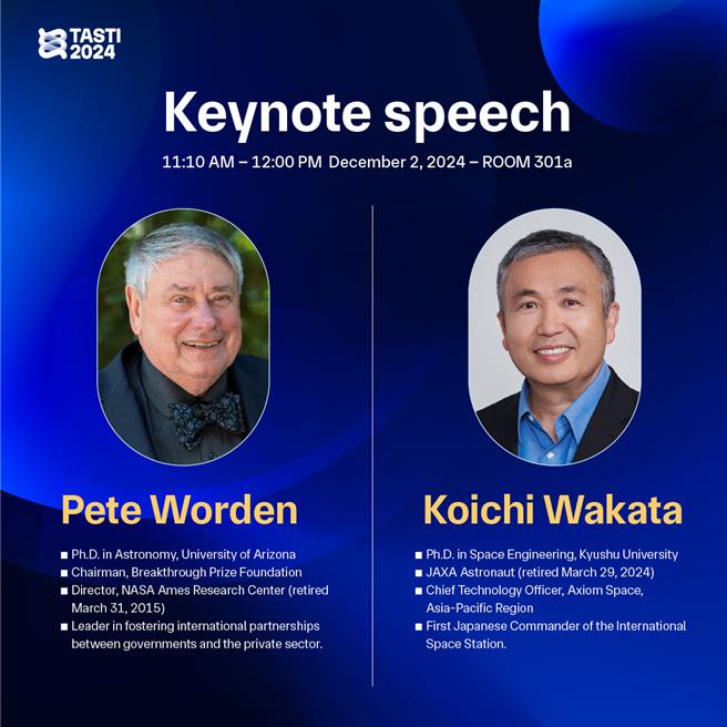 前NASA艾姆斯研究中心主任Simon Pete Worden与日本太空人若田光一将于12月2日出席2024台湾太空国际年会TASTI开幕式并进行专题演讲。（图／国家太空中心）