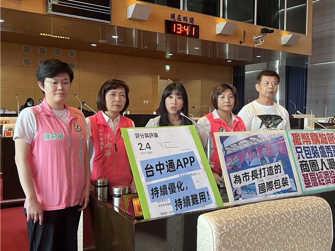 台中市議員陳雅惠、陳淑華、陳俞融、謝家宜、蕭隆澤說，台中購物節近幾年都是由市長盧秀燕代言，根本是協助市長在2028謀「新工作」。（林欣儀攝）