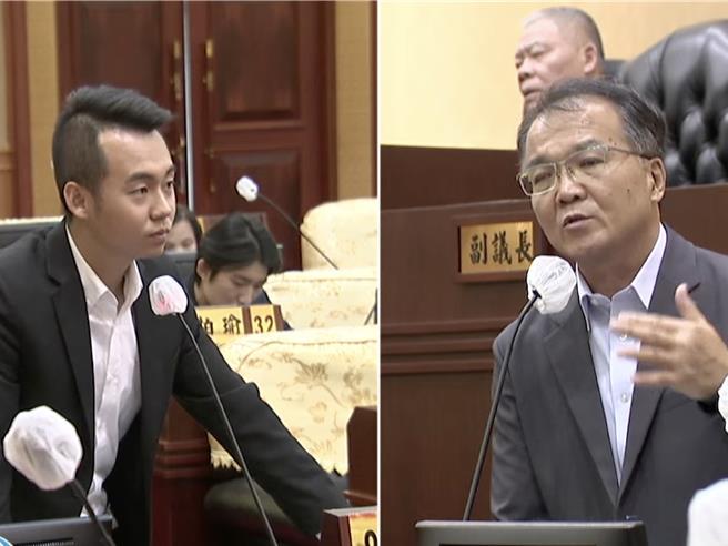 彰化县议员杨子贤（左）要求彰化县政府教育处长蔡金田（右）持续关注泰和国小泳队事件后续发展。（翻摄彰化县议会直播／孙英哲彰化传真）