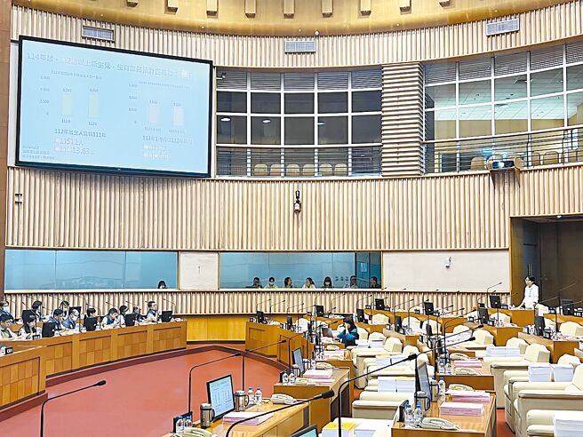 屏東縣議會23日開議，縣議員梁育慈提出同婚家庭領生育津貼議題，並爭取請領期限延長至1年。（謝佳潾攝）