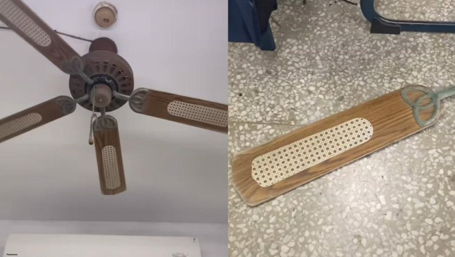 高雄市前鎮區某高中23日才經傳冷氣起火爆炸，今（25）日該校又發生吊扇的扇葉突然噴飛，所幸未造成人員傷亡。（翻攝記者爆料網）