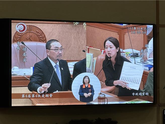 新北市议员戴玮姗25日总质询时指出，希望新北市长侯友宜向7位立委喊话，尽速通过总预算。（高钧麟摄）