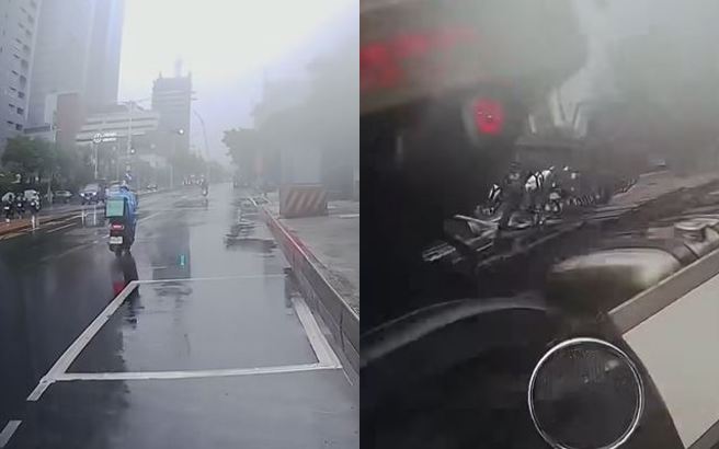 有騎士在網上抱怨日前待轉時，1輛砂石車以超近距離駛過，嚇得他直呼「差點人都沒了」。（圖／翻攝自臉書爆料公社）