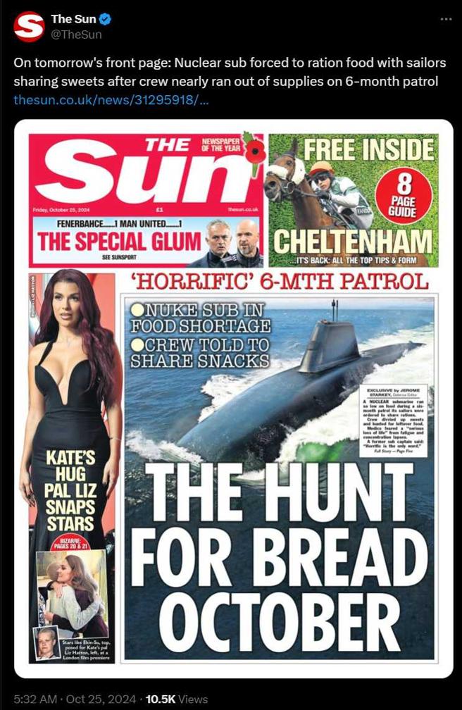 英国皇家海军一艘核子动力潜舰的食物在巡航期间快要吃完，长官必须尷尬下令分享乾粮的情况。（图／翻摄自X）