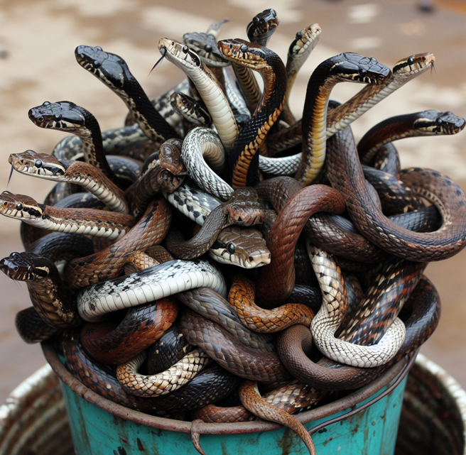 專家發現蛇窩後，一共抓了17條蛇，萬頭攢動的畫面讓她餘悸猶存。（示意圖／AI生成圖）