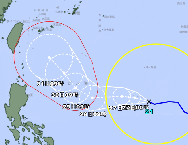日本气象厅预估，康芮颱风下周一前后开始往西北方向、朝台湾前进；下周三增强为强颱。（翻摄日本气象厅）