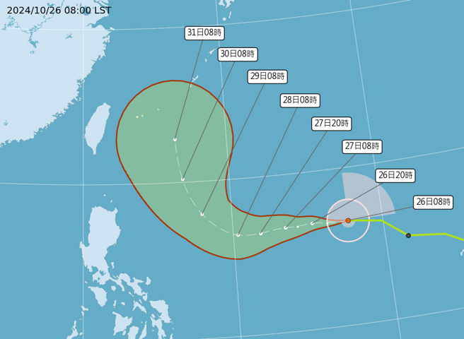 气象署预估康芮颱风下周一前后北转，从台湾东部海域北上，不过路径仍有不确定性。（中央气象署提供）