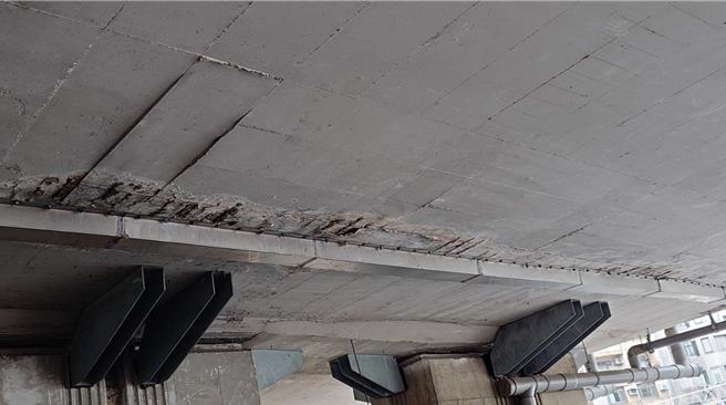 国民党台北市议员耿葳指出，桥龄35年的建国高架桥，是台北重要的交通要道，不过部分桥体出现钢筋裸露、雨水管脱落的现象，北市府局处却形同三不管。（耿葳提供／丁上程台北传真）