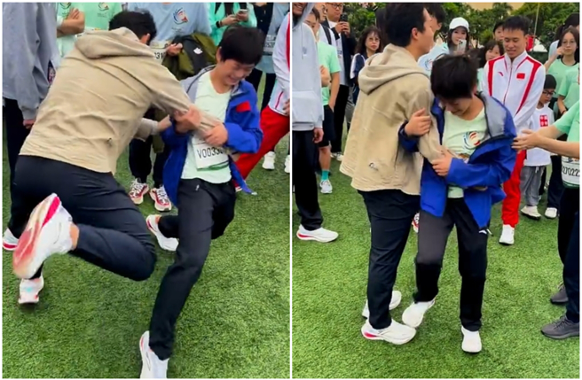 全紅嬋在澳門參加路跑賽事，起跑前還童心未泯玩起了「踩腳遊戲」。（圖／攝自微博）