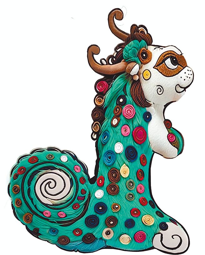 知名畫家王以亮創作的第八屆買得起藝博會吉祥物「炫炫龍」，炫麗登場。圖／上古藝術提供