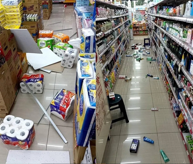 嘉義某賣場貨架商品紛紛被震落。（圖／中天新聞）