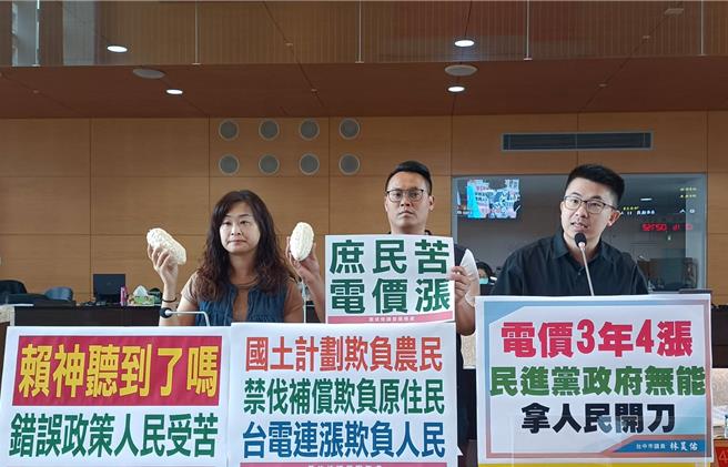 台中市議會28日質詢財政經濟業務，市議員林昊佑（右）、黃佳恬（左）、楊大鋐（中）關心產業電費上漲問題。（陳淑娥攝）