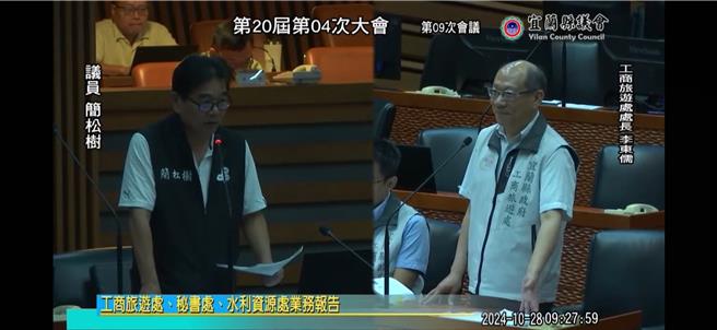 民进党籍县议员简松树（左）28日县议会质询时指出，规画兴建2间共12坪的汤屋，肯定不够用，让地方觉得「太小儿科了」。（吴佩蓉摄）