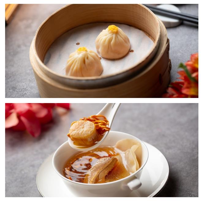 「灌湯蟹粉小籠包」內含豐富蟹黃、蟹肉和滿溢肉汁的小籠包；「蟲草花水鴨燉瑤柱」添以蟲草花的獨特馥郁香氣，嘗一口充滿鮮甜的湯頭，滿口縈繞著溫潤香甜。（業者提供）