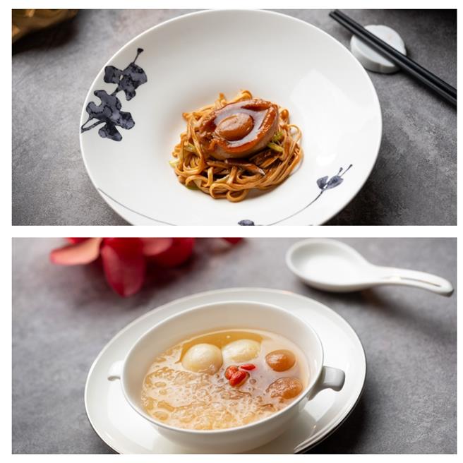 「六頭鮑魚五彩燜伊麵」每一口都能品嘗到鮑魚的鮮甜；「薑茶明珠燉燕窩」將風乾的桂花與老薑、普洱茶與蔗糖精心煮製成桂花薑茶，入口幸福感油然而生。（業者提供）