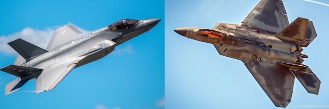 根据英国智库王家国际事务研究所（The Royal Institute of International Affairs）日前表示，中国大陆正在南海的中业岛上建设具有侦测隐形战机的合成脉衝孔径雷达（SIAR）。图左为美国匿踪战机F-35、图右为F-22。（合成图／美国空军）