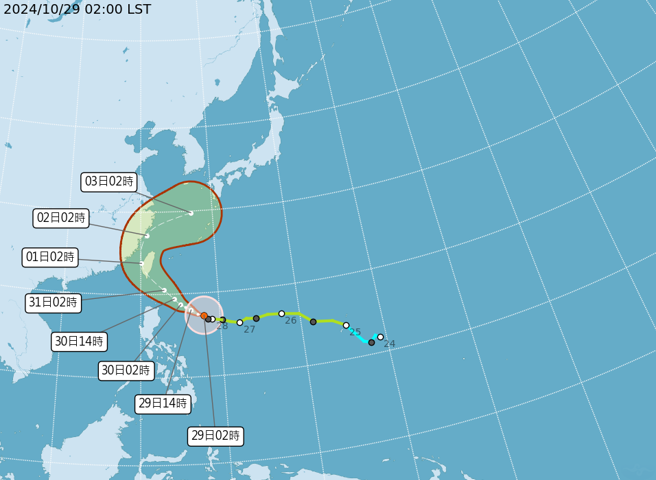 康芮增强为中度颱风，目前预估31日在台东附近登陆机率最高。（中央气象署提供）