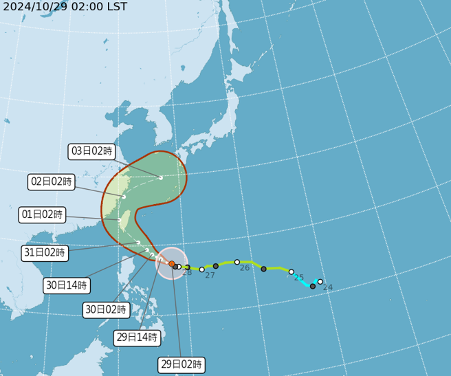 颱风穿过台湾后，周五白天就北上，全台降雨逐渐缓和。（翻摄自气象署）