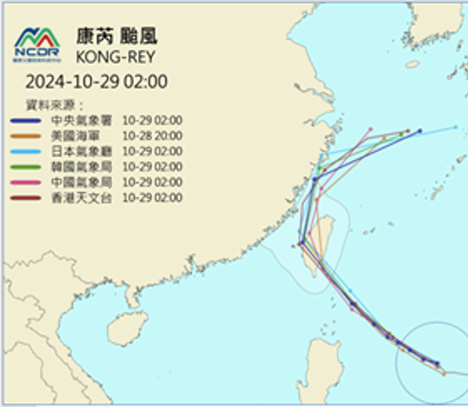 最新（29日2時）各國官方的預測路徑已調至花東一帶登陸。（翻攝自洩天機教室）

