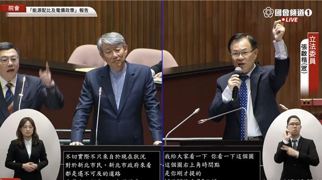 左起：行政院長卓榮泰、經濟部長郭智輝、民眾黨立委張啓楷。（國會頻道）