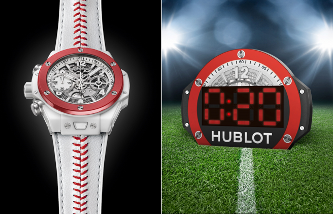 Big Bang Unico左冠計時碼表具備飛返計時功能、72小時動力儲存，鏤空表盤展示的機芯布局，獨家「One Click」單鍵快拆表帶裝置，融入棒球元素白色皮革紅色縫線表帶設計更添時尚品味。(HUBLOT提供)