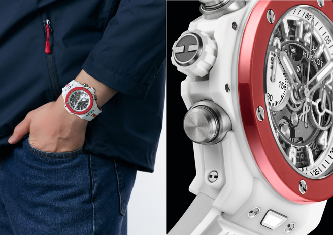 Big Bang Unico 左冠陶瓷計時碼錶霧白與霧紅陶瓷的完美搭配，結合棒球縫線錶帶的紅白配色，從造型到細節都散發著精緻與前衛的氣息。（HUBLOT提供）