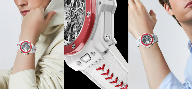 透過專利「One Click」單鍵快拆錶帶裝置，可輕鬆更換不同錶帶，搭配正裝運動風皆宜！（HUBLOT提供）