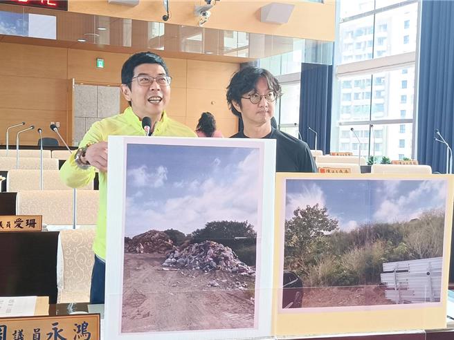 台中市议员周永鸿（左）29日质询说，环保局在神冈棒球场旁堆置废弃物，让打球环境打折扣。（陈淑娥摄）