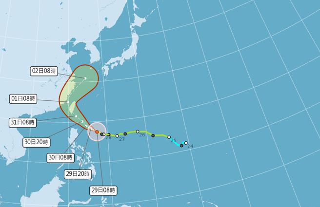 康芮颱风来势汹汹，目前预估周四放颱风假机率最高。（中央气象署提供）