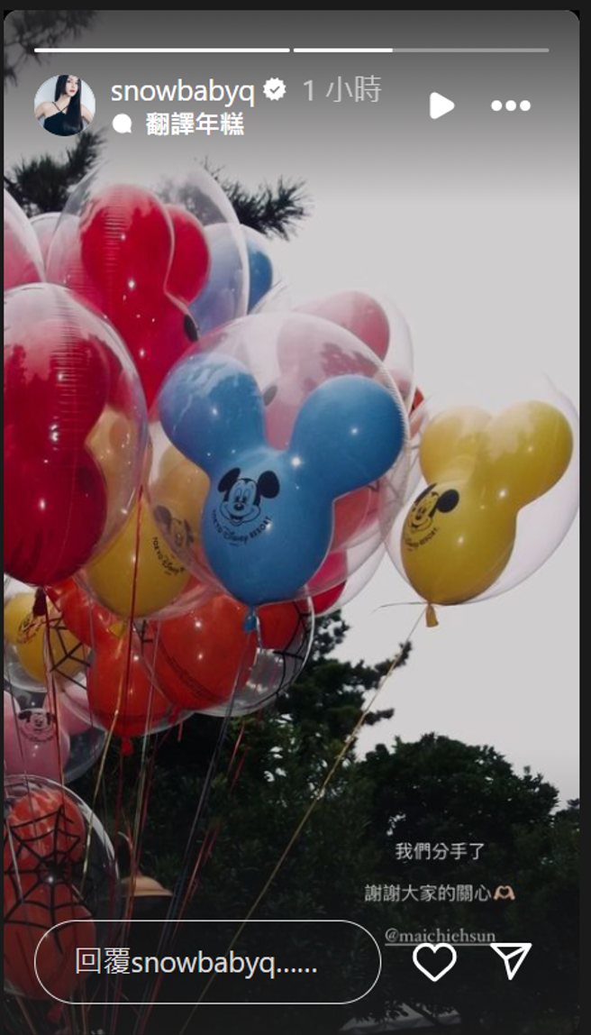 蔡瑞雪今（29）日突然在限动发文证实分手。（图／翻摄自蔡瑞雪 IG）