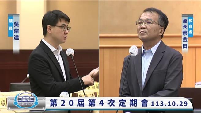 彰化縣議員吳韋達（左）在今（29）日縣議會定期大會中表示，校園安全需制定「校園安全稽核表」，做為各校的安全體檢參考。（翻攝自彰化縣議會直播網站／葉靜美彰化傳真）