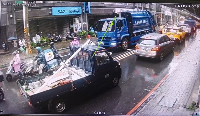 今（29）日上午9時許，新北市汐止區發生一起驚險車禍！1輛民間垃圾車於汐萬路一段等紅燈，當綠燈亮起準備起步時，竟追撞到前方尚未起步的機車。（圖／翻攝記者爆料網）