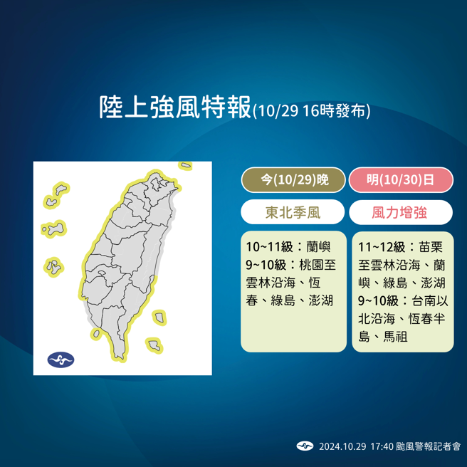 氣象署發布陸上強風特報。（氣象署）