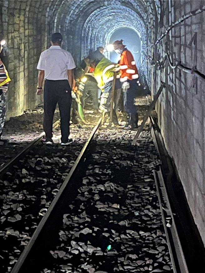 禮賓列車乘客因列車停住，才發現前方道班人員還在進行抽換軌作業。(民眾提供／呂妍庭嘉義傳真)