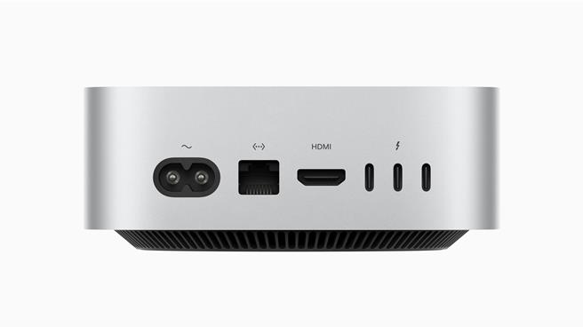 M4机型背面有3个 Thunderbolt 4埠，M4 Pro机型则首度提供Thunderbolt 5埠。两种机型也都具备 Gigabit 乙太网路和1个HDMI 埠。（Apple提供）