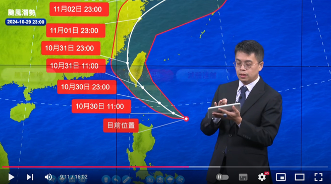 氣象署預報中心科長林伯東指出，無論是海溫以及垂直風切，都是有利於颱風發展的條件，因此康芮仍持續增強，且暴風圈還會更大。(圖／氣象署直播)