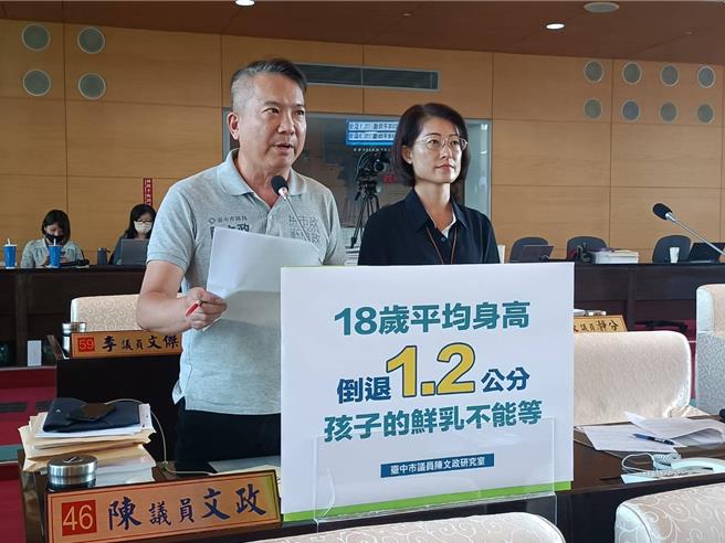国民党议员陈文政（左）30日表示，台湾18岁男性平均身高减少1.2公分，缺钙为主因之一，建议「班班喝鲜奶」往下延伸至幼儿园。（陈淑娥摄）