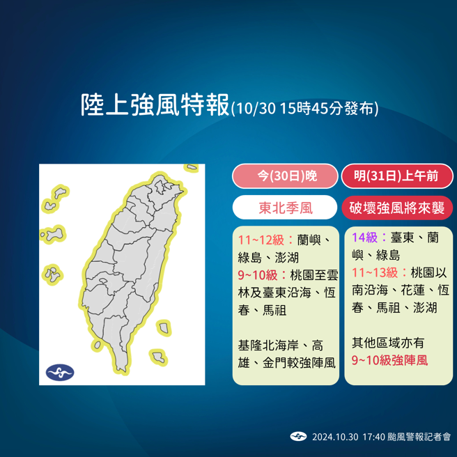 氣象署發布陸上強風特報。（氣象署提供）