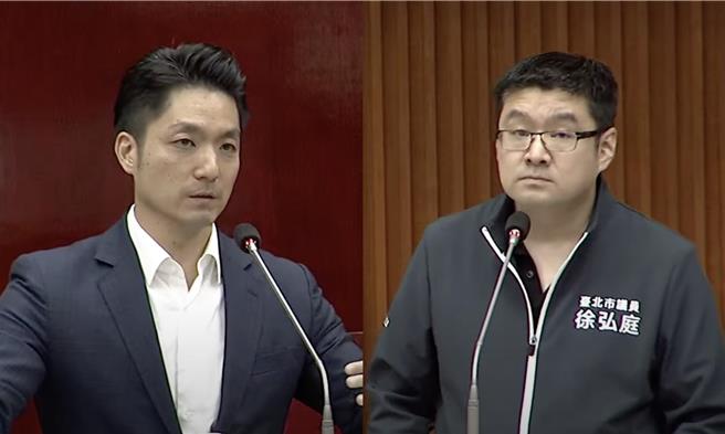 徐弘庭（右）30日質詢蔣萬安（左）時指出，颱風假應直接由氣象署等科學單位按照數據來宣布。蔣萬安允諾，會評估提行政院會討論。（摘自北市議會直播系統／丁上程台北傳真）